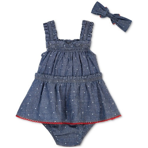 타미힐피거 Baby Girls Cotton Pom-Pom-Trim Printed Chambray Sunsuit & Headband 2 Piece Set