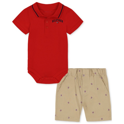 타미힐피거 Baby Boys Tipped Polo Bodysuit & Printed Twill Shorts 2 Piece Set