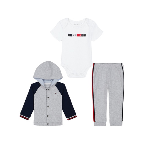 타미힐피거 Baby Boys Logo Bodysuit Color Block Snap-Front Hoodie and Joggers 3-PC Set