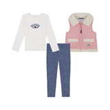 Toddler Long Sleeve Ribbed Logo Tee Sherpa Vest and Leggings 3 Piece Set