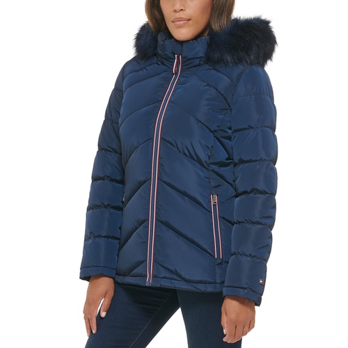 타미힐피거 Womens Faux-Fur-Trim Hooded Puffer Coat