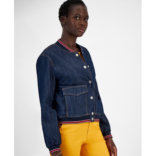 타미힐피거 Womens Snap-Front Denim Bomber Jacket