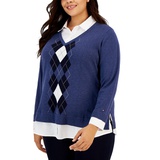 Plus Size Cotton Argyle Layered-Look Sweater