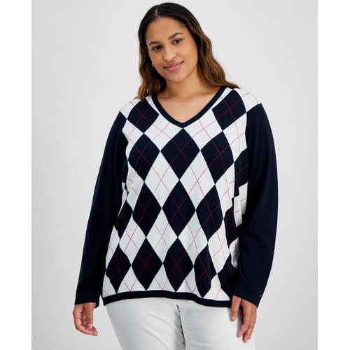 타미힐피거 Plus Size Argyle V-Neck Sweater