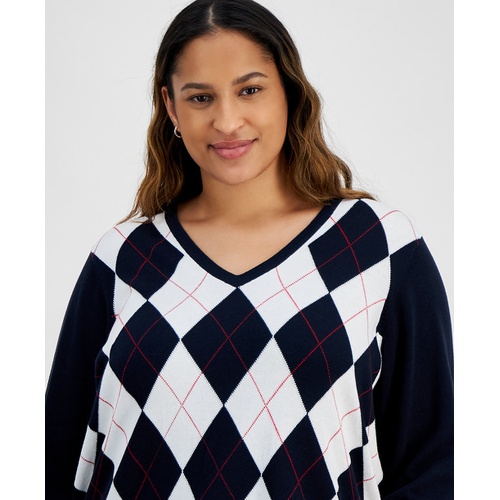 타미힐피거 Plus Size Argyle V-Neck Sweater