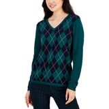 Womens Cotton Argyle V-Neck Sweater