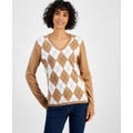 Womens Cotton Argyle V-Neck Sweater