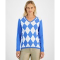 Womens Cotton Argyle V-Neck Sweater