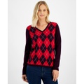 Womens Cotton Argyle V-Neck Sweater