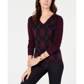 Womens Cotton Argyle V-Neck Sweater