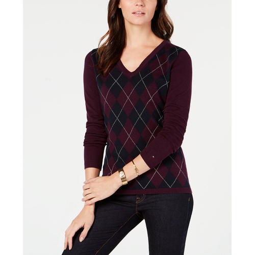 타미힐피거 Womens Cotton Argyle V-Neck Sweater