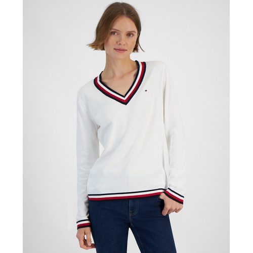 타미힐피거 Womens Contrast-Trim V-Neck Sweater