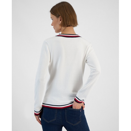 타미힐피거 Womens Contrast-Trim V-Neck Sweater