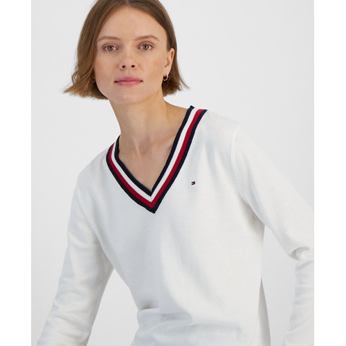 타미힐피거 Womens Contrast-Trim V-Neck Sweater