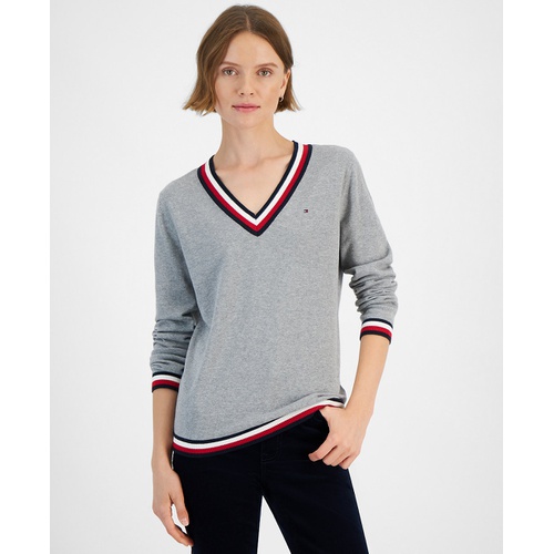 타미힐피거 Womens Contrast-Trim V-Neck Sweater