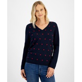 Womens Heart Print V-Neck Long-Sleeve Cotton Sweater