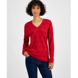 Womens Heart Print V-Neck Long-Sleeve Cotton Sweater