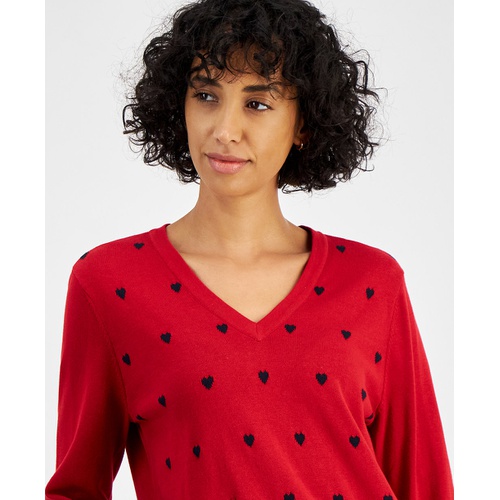 타미힐피거 Womens Heart Print V-Neck Long-Sleeve Cotton Sweater