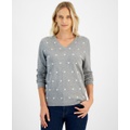 Womens Heart Print V-Neck Long-Sleeve Cotton Sweater