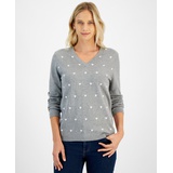 Womens Heart Print V-Neck Long-Sleeve Cotton Sweater