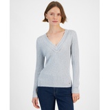 Womens Metallic Ribbed V-Neck Sweater