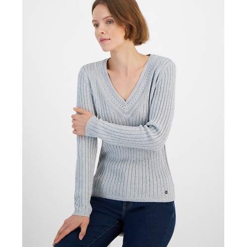 타미힐피거 Womens Metallic Ribbed V-Neck Sweater