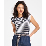 Womens Striped Ruffled-Sleeve Tee