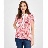 Womens Floral-Print Short-Sleeve Polo Top