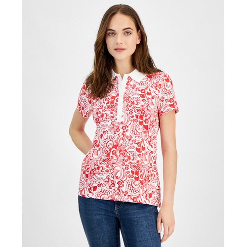 타미힐피거 Womens Floral-Print Short-Sleeve Polo Top