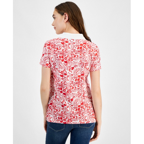 타미힐피거 Womens Floral-Print Short-Sleeve Polo Top