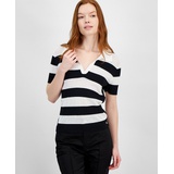 Womens Striped Mixed-Media Split-Neck