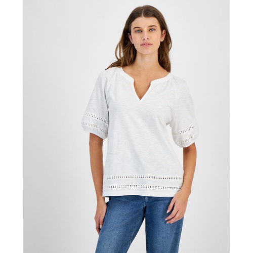 타미힐피거 Womens Cotton Split-Neck Puff-Sleeve Top