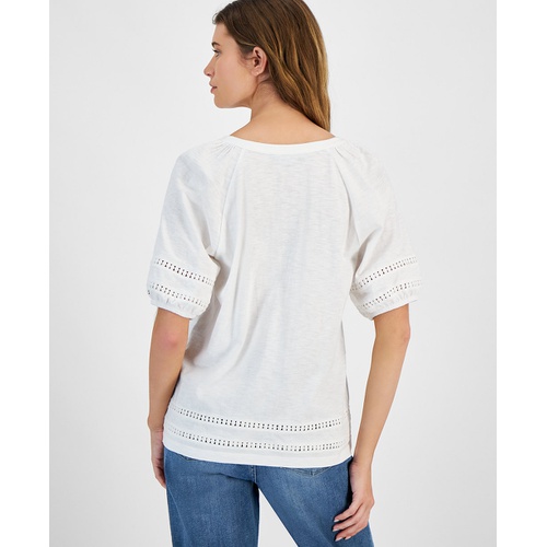 타미힐피거 Womens Cotton Split-Neck Puff-Sleeve Top