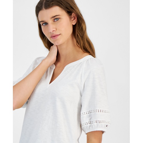 타미힐피거 Womens Cotton Split-Neck Puff-Sleeve Top