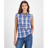 Womens Plaid Collared Sleeveless Top