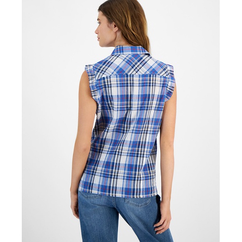 타미힐피거 Womens Plaid Collared Sleeveless Top