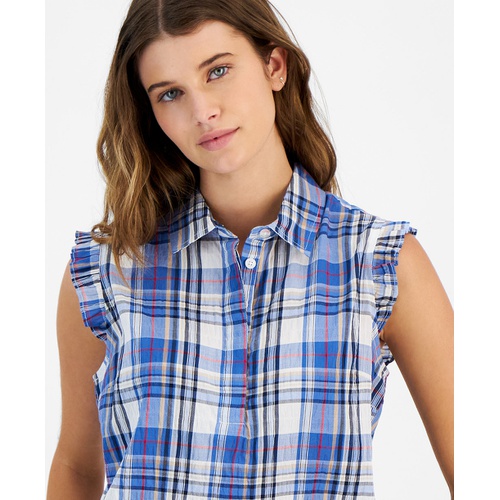 타미힐피거 Womens Plaid Collared Sleeveless Top