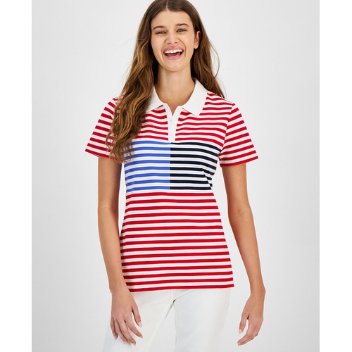 타미힐피거 Womens Striped Short Sleeve Polo Shirt