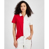 Womens Colorblock Zip-Front Polo Shirt