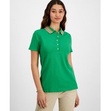 Womens Stripe-Collar Shirt-Sleeve Polo Shirt