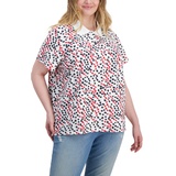 Plus Size Ditsy-Floral Printed Polo Top