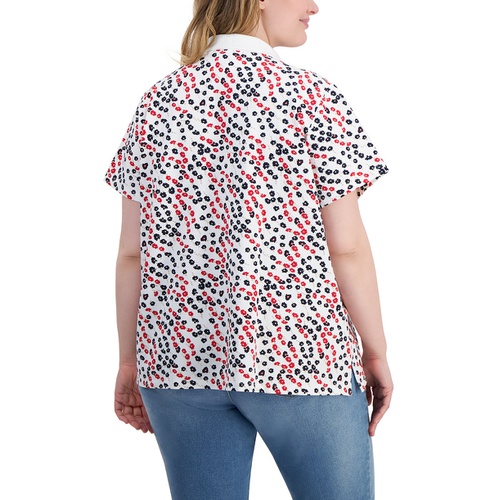 타미힐피거 Plus Size Ditsy-Floral Printed Polo Top