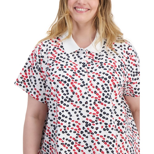 타미힐피거 Plus Size Ditsy-Floral Printed Polo Top