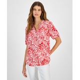 Womens Printed Smocked-Shoulder Short-Sleeve Top