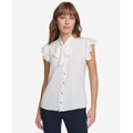 Womens Flutter-Sleeve Tie-Neck Blouse