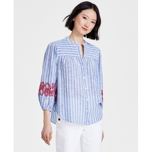 타미힐피거 Womens Striped Embroidered Tunic Top