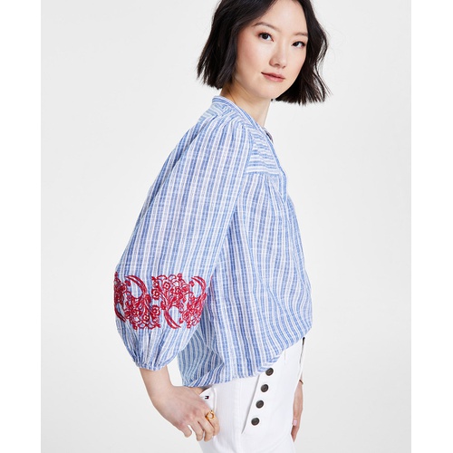 타미힐피거 Womens Striped Embroidered Tunic Top