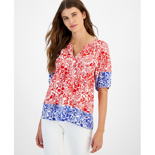 타미힐피거 Womens Cotton Floral-Print Puffed-Sleeve Top