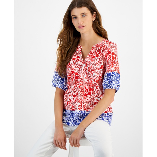 타미힐피거 Womens Cotton Floral-Print Puffed-Sleeve Top