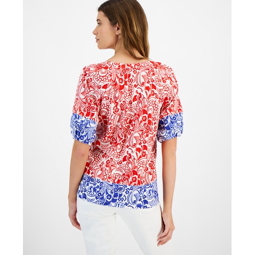 타미힐피거 Womens Cotton Floral-Print Puffed-Sleeve Top